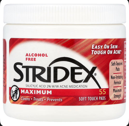 Stridex للسيطرة على حب الشباب خالي من الكحول، 55 قطعة قطنية ناعمة