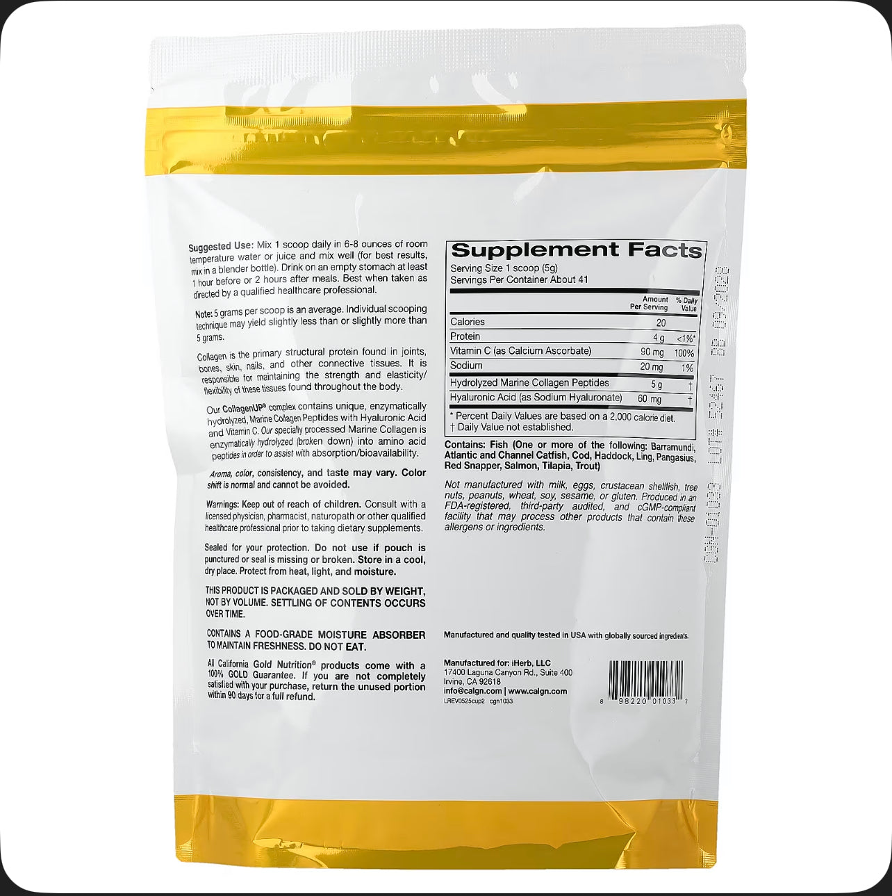 California Gold Nutrition – CollagenUP® مكمل كولاجين بحري مهدرج + حمض الهيالورونيك + فيتامين C